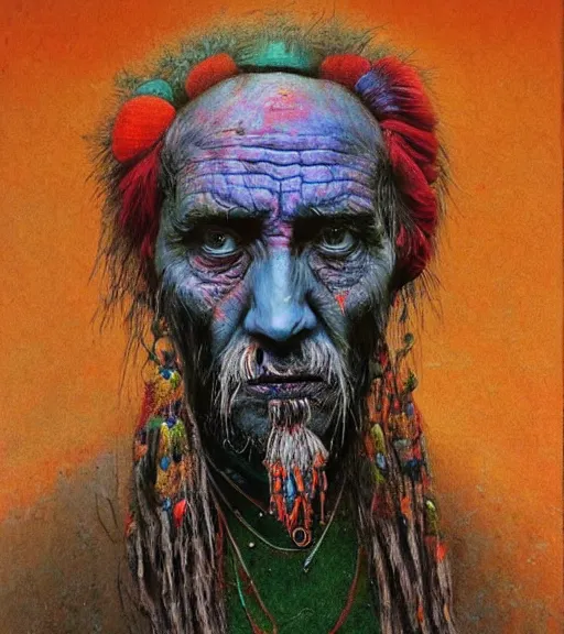 Prompt: Portrait painting in a style of Beksinski of an old shaman dressed in a colorful traditional clothes.