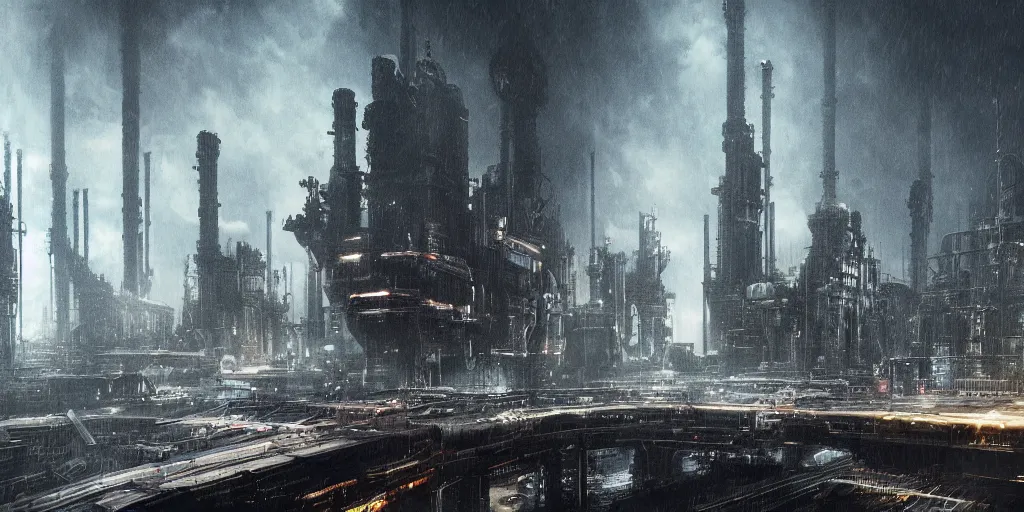 Image similar to futuristic science-fiction landscape of the world of machines, huge mechanical towers buildings and bridges, ground full of factories and pipes, under a dark cloudy sky, in the style of Blade Runner