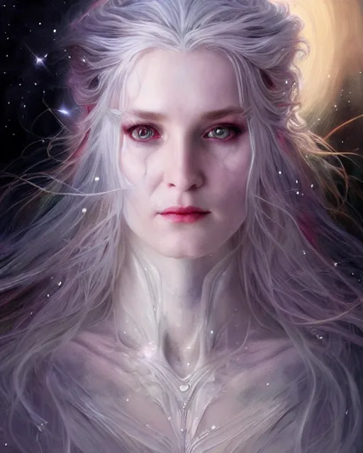 Image similar to realistic portrait of a beautiful white witch, crafting spells, bright witch, beautiful face, fantasy, chaos, magic, dark magic, dramatic lighting, intricate, wild, highly detailed, digital painting, artstation, concept art, smooth, sharp focus, illustration, art by artgerm and greg rutkowski and alphonse mucha, footage from space camera