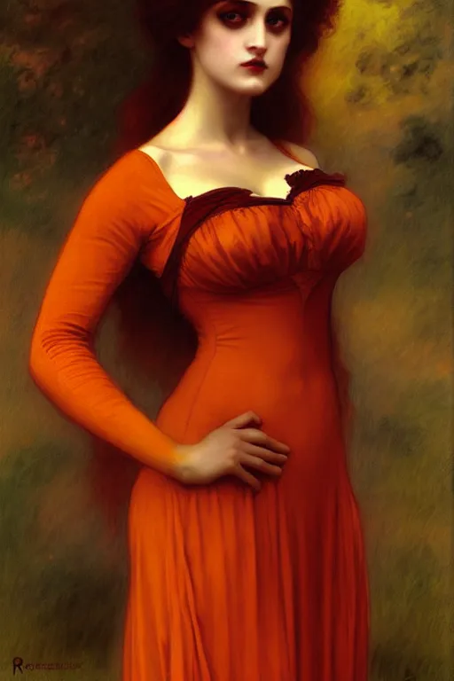 Image similar to victorian vampire in orange dress, painting by rossetti bouguereau, detailed art, artstation