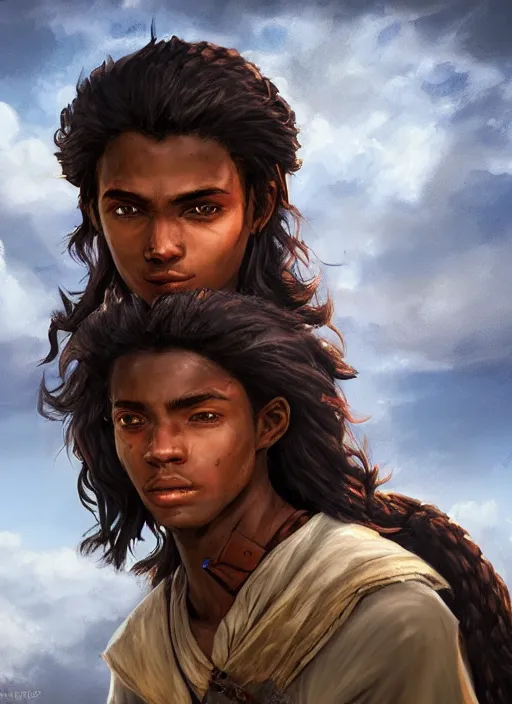 Image similar to An epic fantasy comic book style portrait painting of a young dark skinned long haired boy in plain peasant rags with intelligent eyes in the style of the wheel of time, unreal 5, DAZ, hyperrealistic, octane render, cosplay, RPG portrait, dynamic lighting