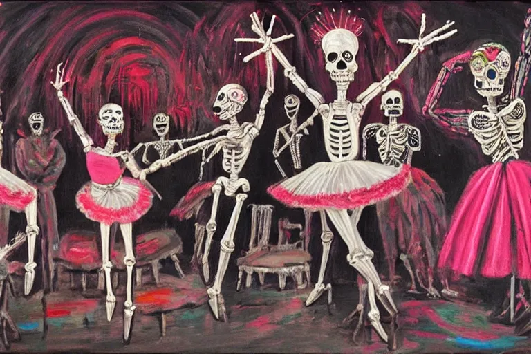 Image similar to scene from ballet, day of the dead, cyber skeletons, queen in black silk in the center, neon painting by otto dix