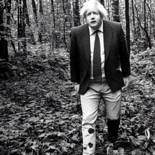 Image similar to found footage of boris johnson lost in the forest, last known photo, 1980s, eerie