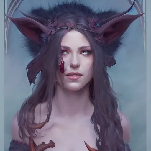 Image similar to cute Whimsical Tiefling Druid with devil tail D&D, fantasy, full body portrait, highly detailed, digital painting, artstation, concept art, sharp focus, illustration, art by greg rutkowski and alphonse mucha