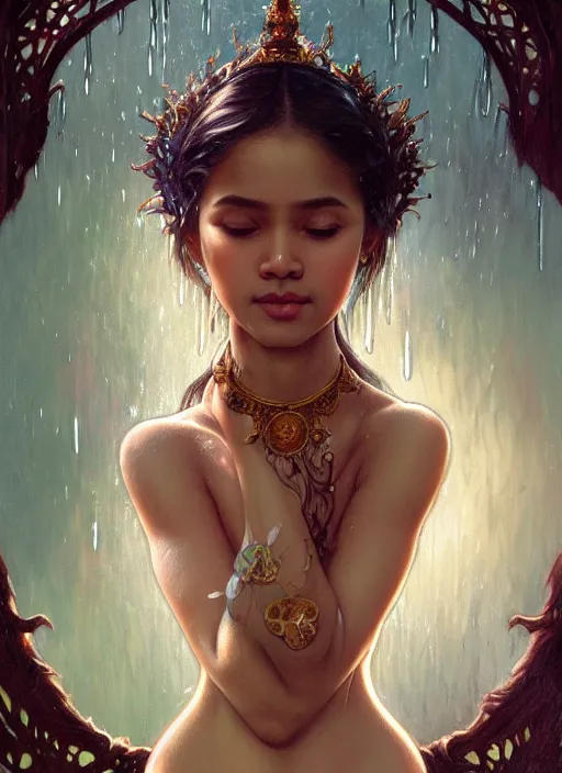 Image similar to kuntilanak on bayan tree, d & d, wet, shiny, fantasy, details face, details intricate, baroque, elegant, dramatically art, ultra definition, digital painting, artstation, concept art, smooth, sharp focus, illustration, art by artgerm and greg rutkowski and alphonse mucha and garis edelweiss and alex flores