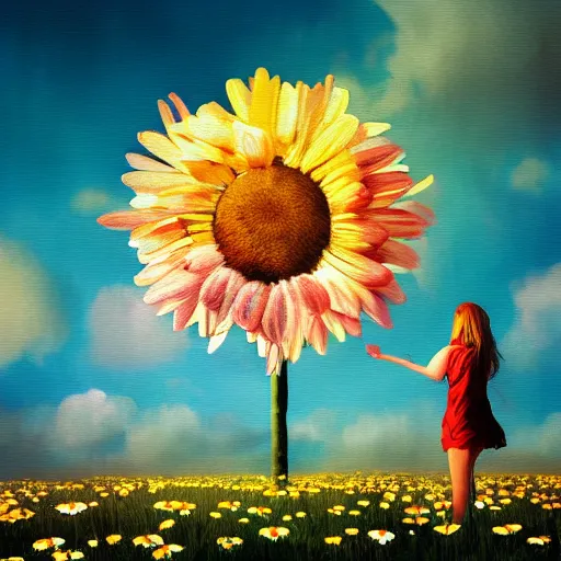 Image similar to girl with a giant daisies head, surreal photography, flower field, sunset dramatic light, impressionist painting, colorful clouds, blue sky, digital painting, artstation, simon stalenhag