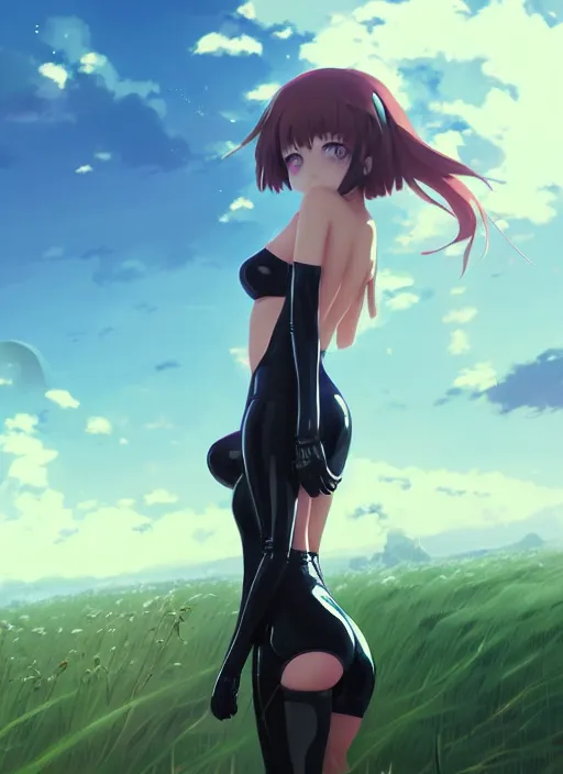 Image similar to portrait of cute girl in latex clothes, cloudy sky background lush landscape illustration concept art anime key visual trending pixiv fanbox by wlop and greg rutkowski and makoto shinkai and studio ghibli and kyoto animation