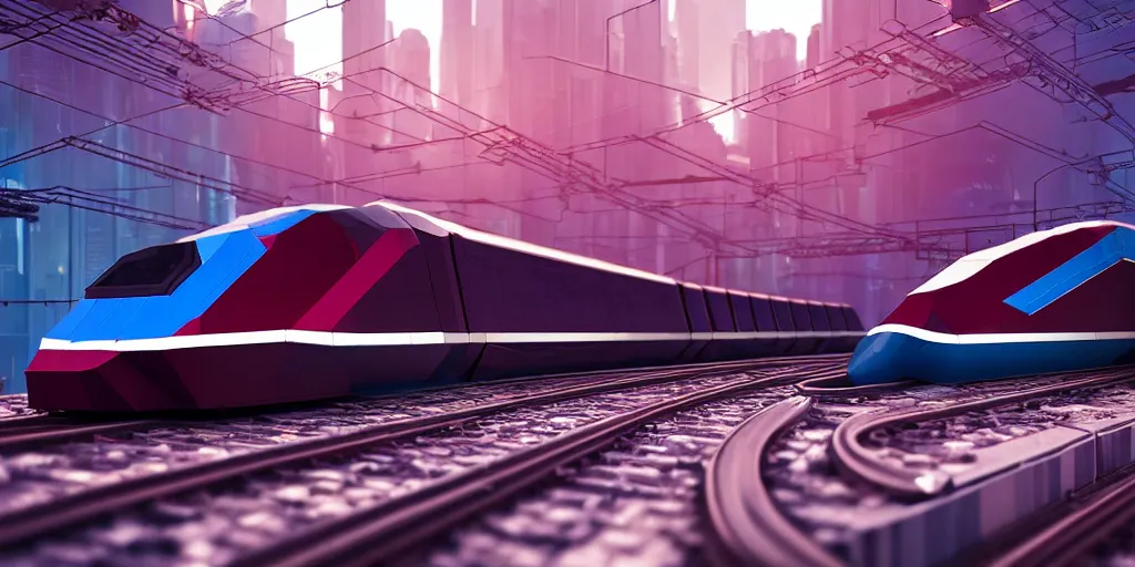 Image similar to a cyberpunk maglev train riding though futuristic station, blocky futuristic cityscape in background, gorgeous lighting and metallic reflection, maroon and blue accents, 8k, large scale, high detail, side profile