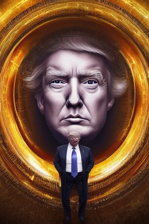 Prompt: cinematic portrait of an Donald Trump . Centered, uncut, unzoom, symmetry. charachter illustration. Dmt entity manifestation. Surreal render, ultra realistic, zenith view. Made by hakan hisim feat cameron gray and alex grey. Polished. Inspired by patricio clarey, heidi taillefer scifi painter glenn brown. Slightly Decorated with Sacred geometry and fractals. Extremely ornated. artstation, cgsociety, unreal engine, ray tracing, detailed illustration, hd, 4k, digital art, overdetailed art. Intricate omnious visionary concept art, shamanic arts ayahuasca trip illustration. Extremely psychedelic. Dslr, tiltshift, dof. 64megapixel. complementing colors. Remixed by lyzergium.art feat binx.ly and machine.delusions. zerg aesthetics. Trending on artstation, deviantart