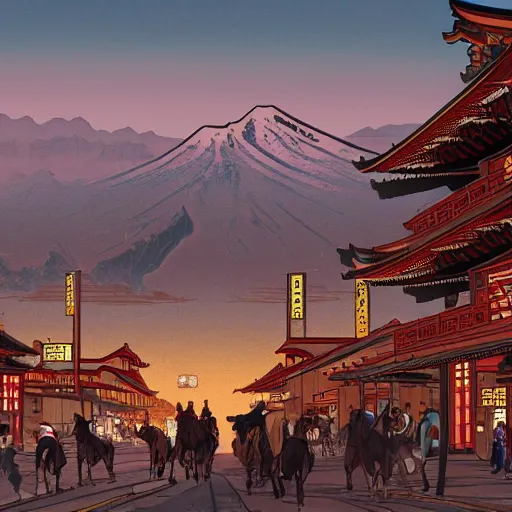 Prompt: Sprawling view of american Western Cowboy Town with Edo Period Japan design; trending on Artstation