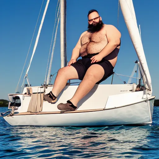 Prompt: a short fat bearded boy on a sailboat