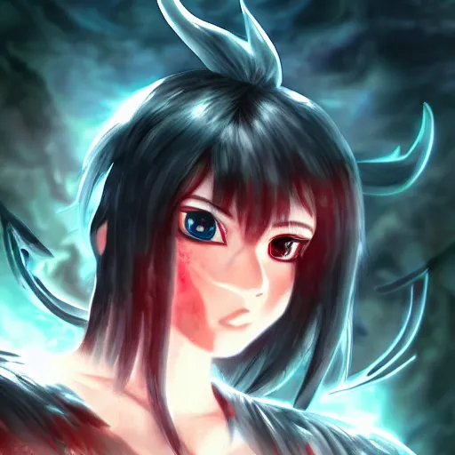 Image similar to portrait focus of a very hot!!! demon 3D anime girl, Obsidian armor wearing, dark volcano background, ash falling, {perfect face}, bokeh, inspired by Masami Kurumada, digital painting, high contrast, unreal engine render, volumetric lighting, high détail