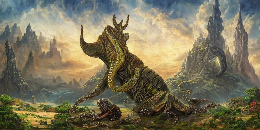 Image similar to fantasy oil painting, great leviathan, cybernetic turtle cephalopod terrapin reptilian pachyderm squid, bella hadid, hybrid, milla jovovich, anubis epic islamic city, natural light, lush plants flowers, spectacular mountains, bright clouds, luminous sky, outer worlds, golden hour, michael cheval, edward hopper, michael whelan, hd