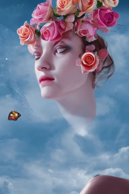 Image similar to milky crystal quartz eyeballs with wings. peach roses, background heavenly sky by basquiat, Trending on artstation. halo. octane render, cinematic, hyper realism, octane render, 8k, depth of field, 3D