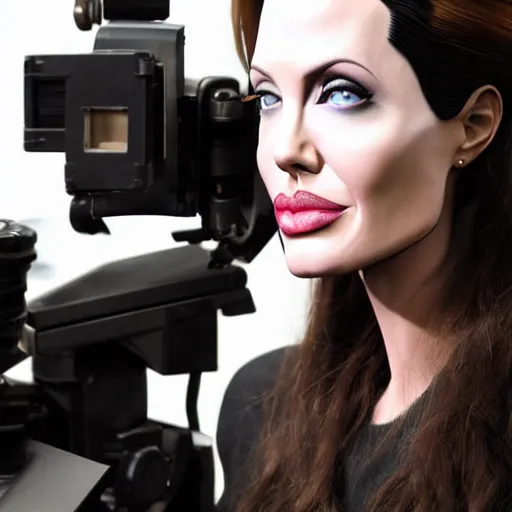 Prompt: animatronic Angelina Jolie, BTS photo, Stan Winston studios, detailed, 4k