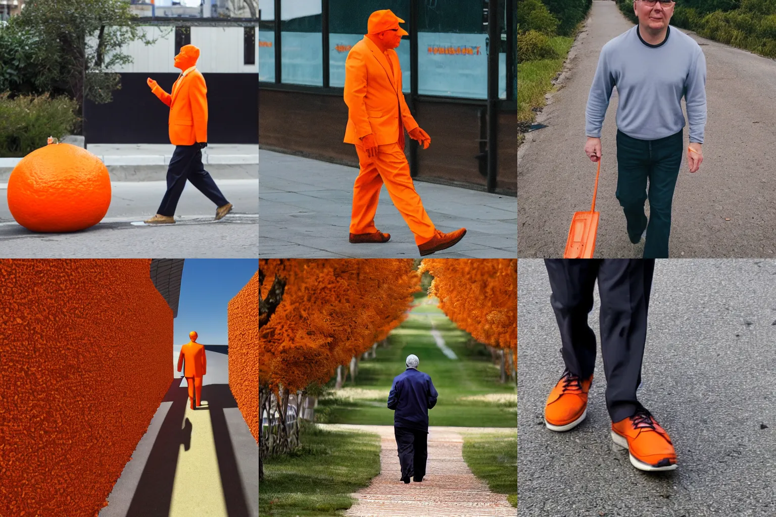 Prompt: an orange man walking