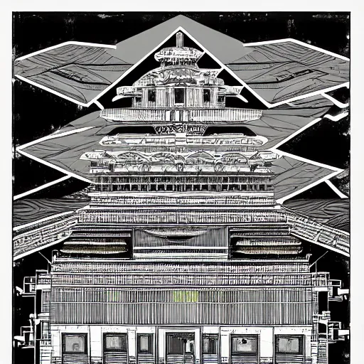 Prompt: Technical drawing of the temple made from abandoned graffiti architecture fused with color glitch fused with geo strata chart fused with broken floor plans, highly detailed , black and white color scheme, fine lines and graphite, stanley donwood,