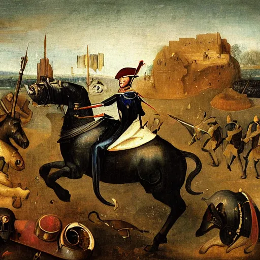 Image similar to a painting of napoleonic warfare, in the style of hieronymus bosch.