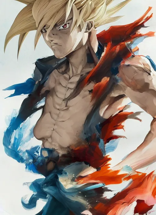 Image similar to surreal gouache gesture painting, by yoshitaka amano, by ruan jia, by Conrad roset, by good smile company, detailed anime 3d render of a gesture draw pose for a blond Goku in a Super Sayian 3, portrait, cgsociety, artstation, rococo mechanical, Digital reality, sf5 ink style, dieselpunk atmosphere, gesture drawn