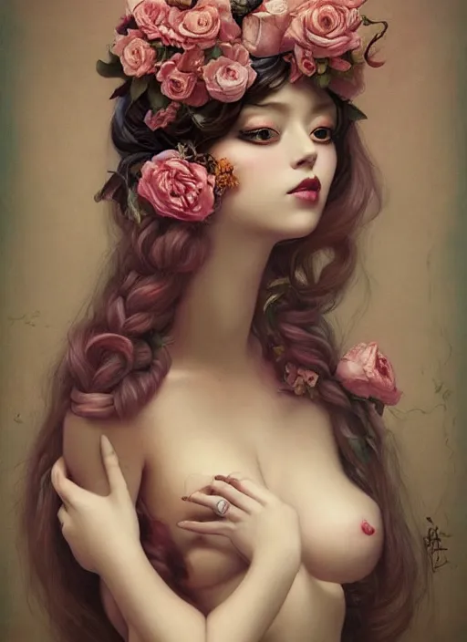 Image similar to pop surrealism, lowbrow art, realistic seductive cute woman painting, long hair, japanese shibari with flowers, hyper realism, muted colours, rococo, natalie shau, loreta lux, tom bagshaw, mark ryden, trevor brown style,