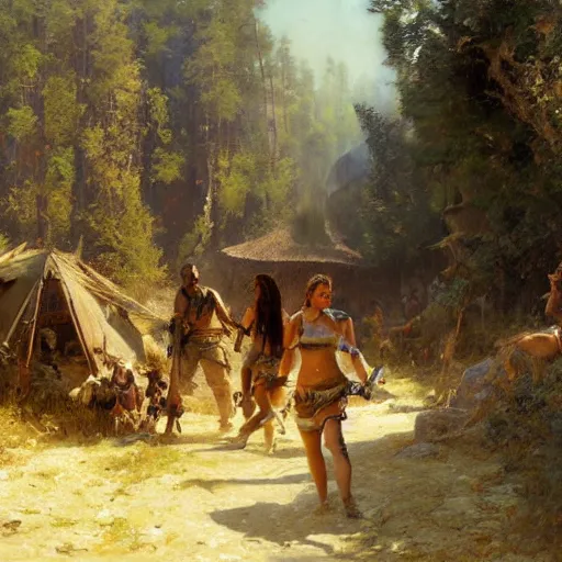 Prompt: lara croft, finds a camp full of humans, highly detailed painting by gaston bussiere, craig mullins, 8 k