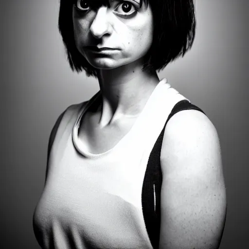 Prompt: symmetrical, portrait of cyberpunk kate micucci, scowling, studio lighting, depth of field, photography, black and white, highly detailed