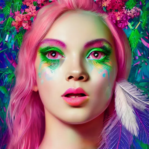 Image similar to a divine feminine woman, pink hair, rosey cheeks, sparkles on eyelids, surrounded by lush flowers and feathers in bright abstract colours, ultra realistic digital painting, artstation, concept art, pop, smooth, sharp focus, illustration, art by mark ryden, and lisa frank 3 d 8 k ultra detailed