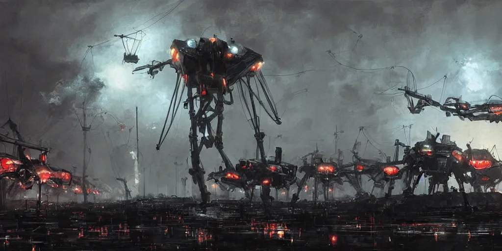 Prompt: tokyo, war of the worlds, giant mech, human soldiers, intense fighting, glowing lights! digital painting, very detailed, art by jakub rozalski