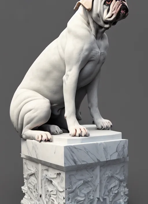 Image similar to a statue made of white marble with gold veins, of klay thompson petting a bulldog, full body shot, perfect symmetrical body, perfect symmetrical face, hyper realistic, hyper detailed, by johannen voss, by peter kemp, by monia merlo, by michelangelo, octane render, blender, 8 k