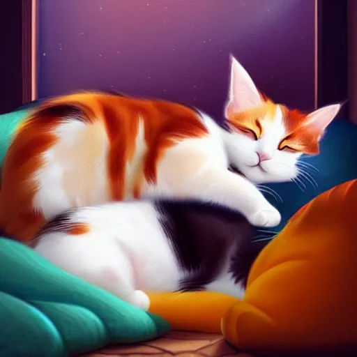 Image similar to two cute calico cats sleeping inside a cozy home in the evening, two multi - colored calico cats, artstation, cgsociety, storybook art