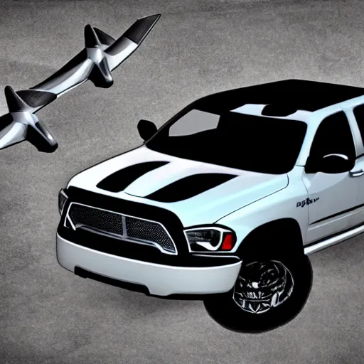 Prompt: dodge ram flying in the sky like an ( ( airplane ) )