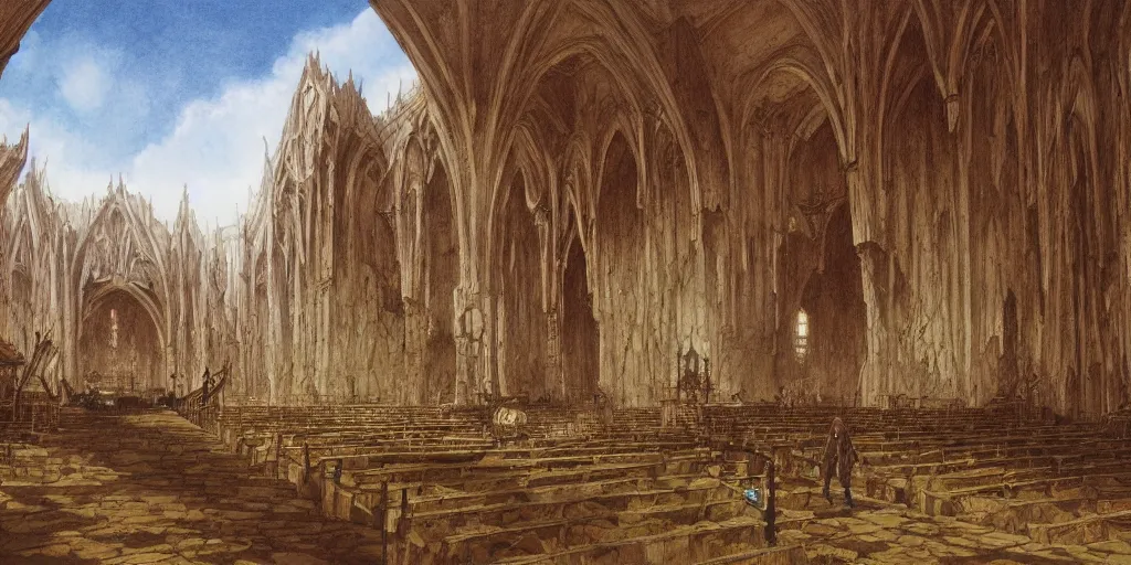 Image similar to Artwork by John Howe of the cinematic view of the Sanctuary of the Executioner.