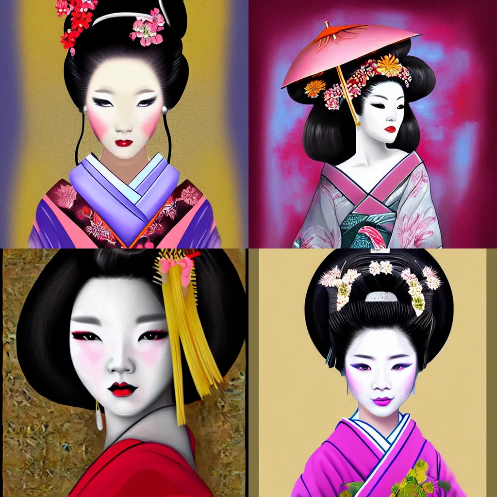 Prompt: digital painting of a beautiful geisha by [ artist ]