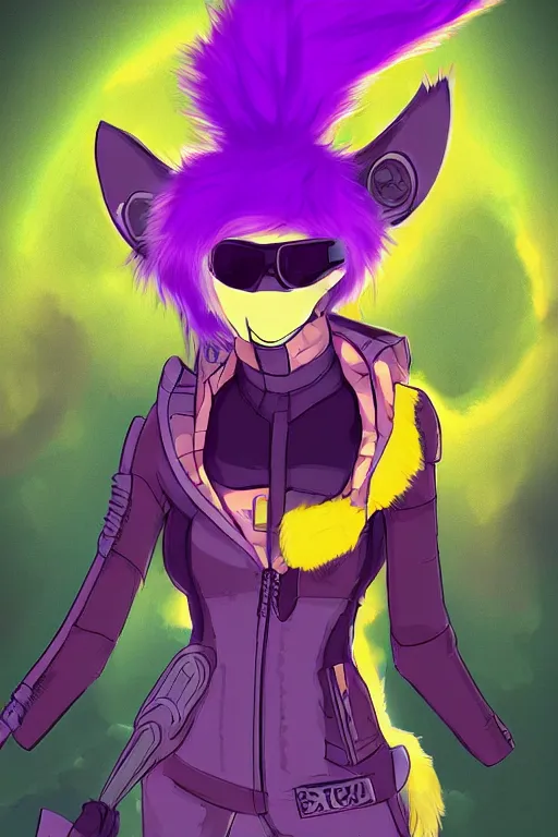 Image similar to a cute cyberpunk anthropomorphic fox with purple fur and yellow eyes and a fluffy tail, comic art, trending on furaffinity, cartoon, kawaii, backlighting, furry art!!!, cel shading, concept art, lineless