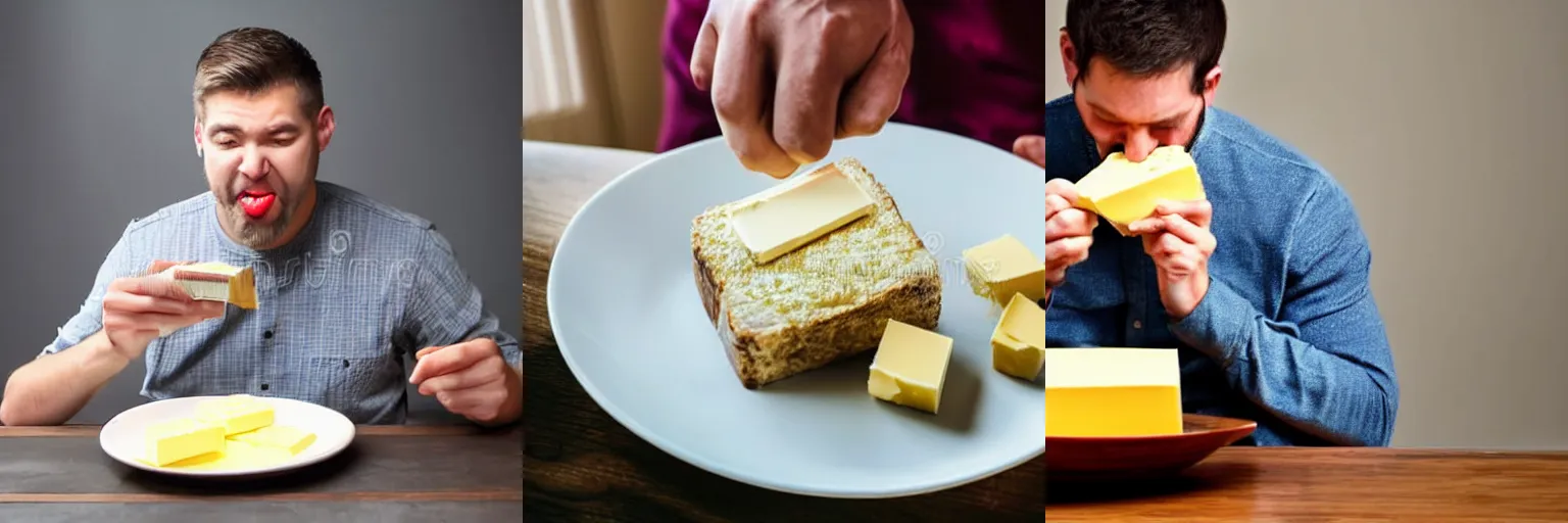 Prompt: a man eating a large block of butter on a plate for dinner, dslr photo, stock