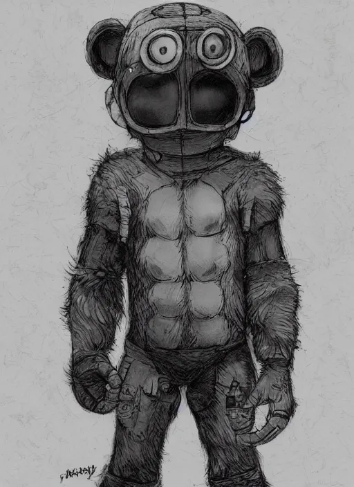 Image similar to beautiful little boy wearing an cyborg bear suit, artwork in kentaro miura and made in abyss and rosdraws, smooth, beautiful lightness, anatomically correct, trending on pixiv, forest