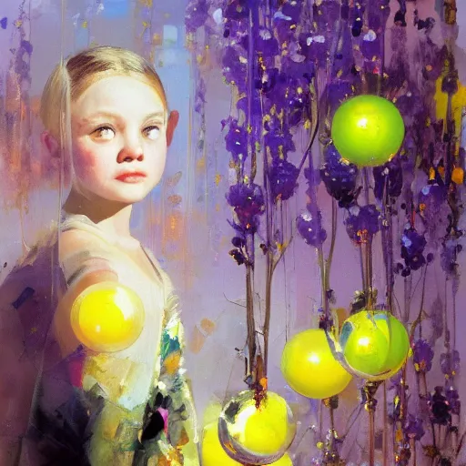 Image similar to a girl with three eyes : : on 5 translucent luminous spheres, full of floral and berry fillings, in an ocean of lavender color by john berkey