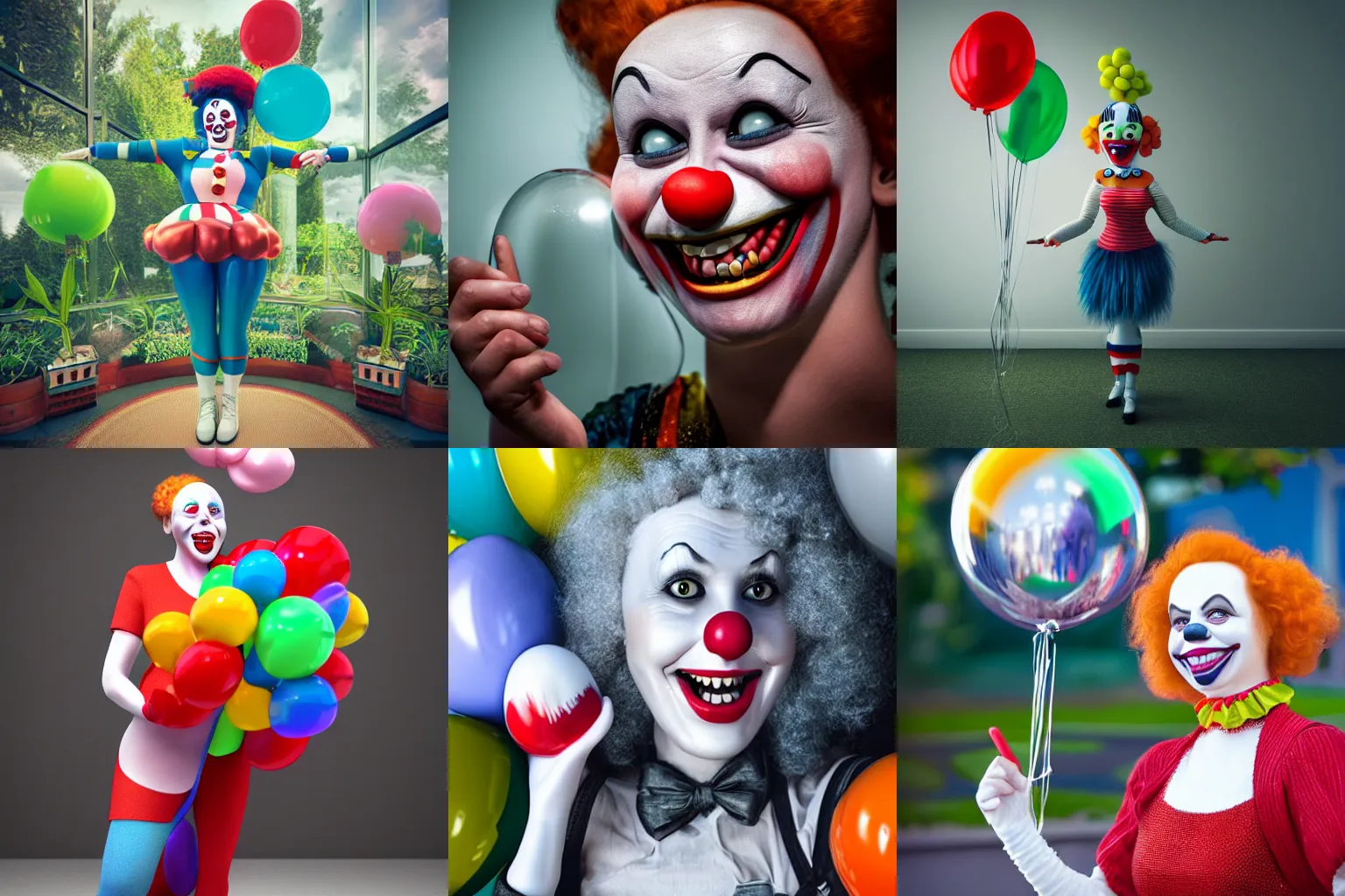 Prompt: female clown: giant smile: and chrome balloons:: in a terrarium:: hyper-realistic, extremely detailed, sharp photo, no blur, octane render, 8K