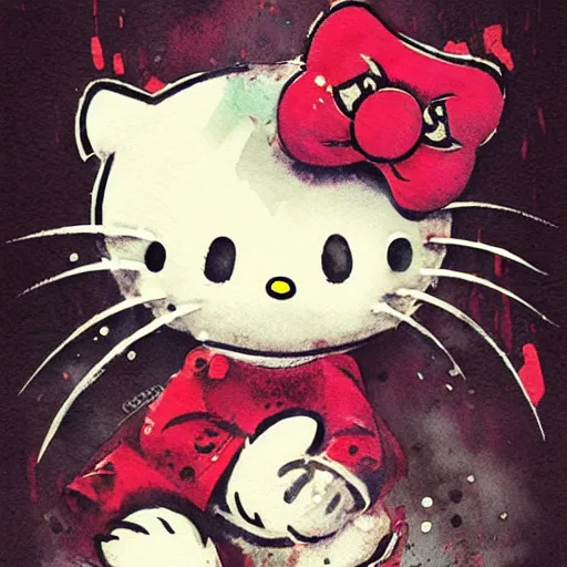 Prompt: vicious roaring hello kitty by Jean-Baptiste Monge, post processing, painterly, book illustration watercolor granular splatter dripping paper texture. Trending on artstation, post processing, pen and ink work. sharp focus.