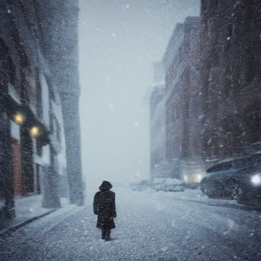 Image similar to street, snowstorm, silhouette in the distance, monster, creepy, horror, hyper realistic,