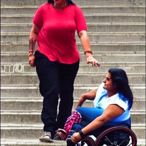 Image similar to jodie marsh pushing an obese indian woman in a wheelchair on steps in Porto, detailed photo