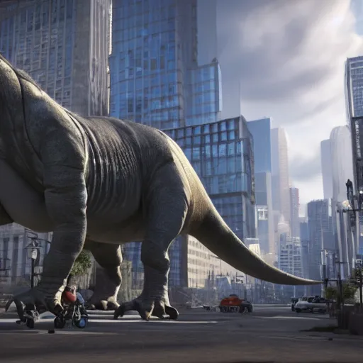 Prompt: shot of big dinosaur roaming through a city, detailed, unreal engine