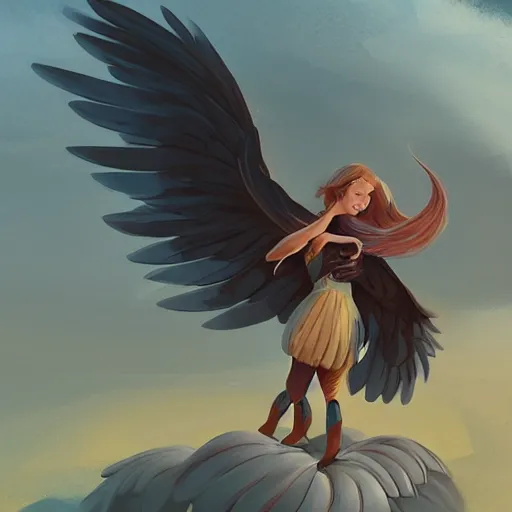 Image similar to a girl riding a giant bird, trending on artstation