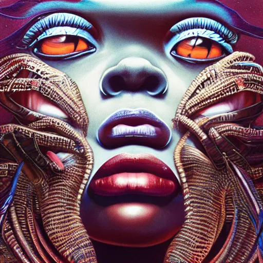 Prompt: Azealia Banks by jacek yerka, alex gray, zdzisław beksiński, dariusz zawadzki, jeffrey smith and h.r. giger, oil on canvas, 8k highly professionally detailed, trending on artstation