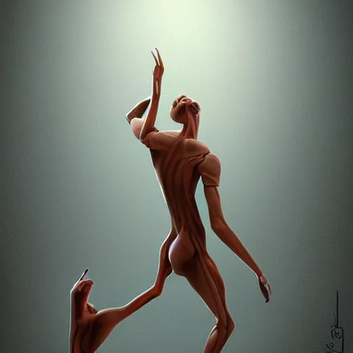 Image similar to Two elegant humanoid creatures, stuck back to back, fused at the shoulders dancing on their pointy limbs. Award-winning digital art, trending on ArtStation