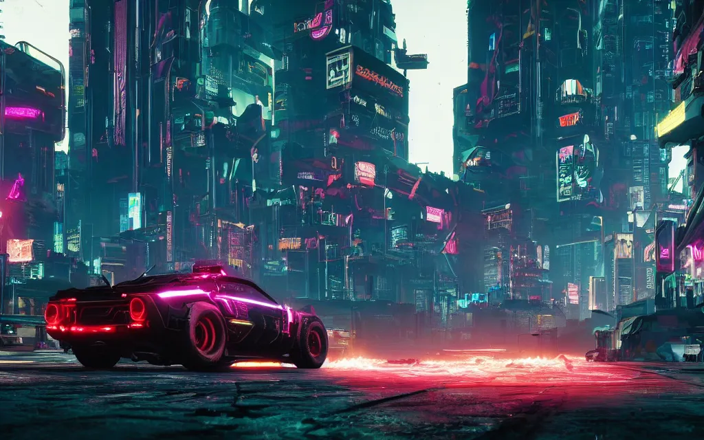 Prompt: Cyberpunk 2077 car Quadra Turbo-R V-Tech, driving down dusty city dystopian, long distance shot, ultra widescreen. by Mead, Syd