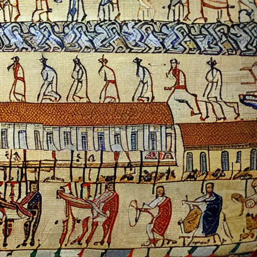 Image similar to bayeux tapestry picture of a medieval town,