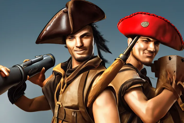 Image similar to masculine man with a pirate hat holds a bazooka, game character design