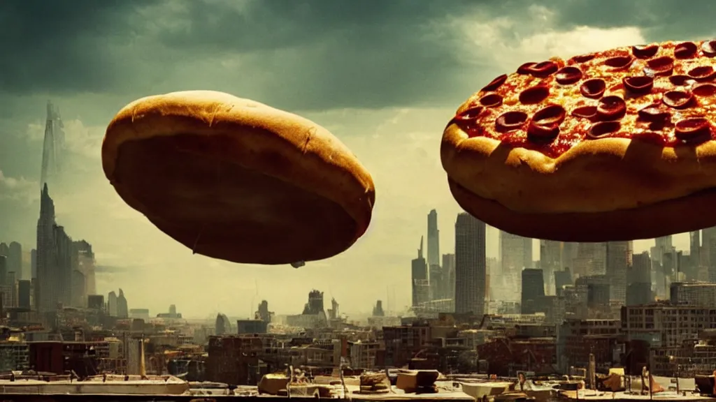 Image similar to the giant pizza floats the city, film still from the movie directed by denis villeneuve and david cronenberg with art direction by salvador dali and dr. seuss