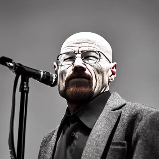 Image similar to Walter white singing at a death metal concert, photography, wide angle, sharp, cinematic